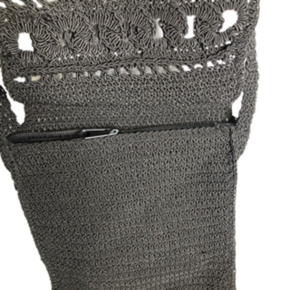 Hand Crafted Crocheted Shoulder Strap Zip Black Handbag - Picture 3 of 7